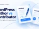 Ryvenora Insights cover titled WordPress Author vs Contributor, with illustrated writing cards representing publishing and review.