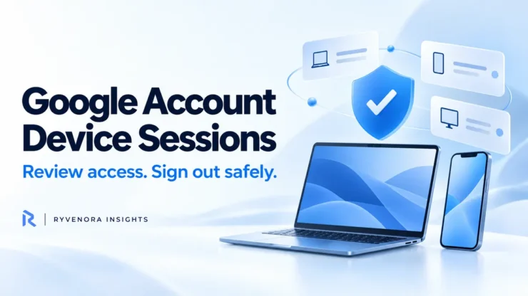 Ryvenora Insights cover reading Google Account Device Sessions, with conceptual laptop, phone, session cards and a blue shield on a pale background.
