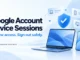 Ryvenora Insights cover reading Google Account Device Sessions, with conceptual laptop, phone, session cards and a blue shield on a pale background.