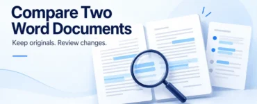 Ryvenora Insights cover titled Compare Two Word Documents, with illustrated document sheets, blue highlights and a magnifying glass on a pale background.