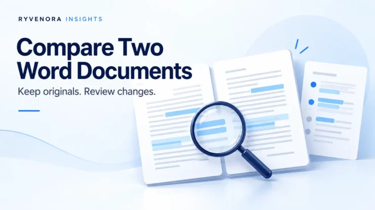 Ryvenora Insights cover titled Compare Two Word Documents, with illustrated document sheets, blue highlights and a magnifying glass on a pale background.
