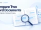 Ryvenora Insights cover titled Compare Two Word Documents, with illustrated document sheets, blue highlights and a magnifying glass on a pale background.