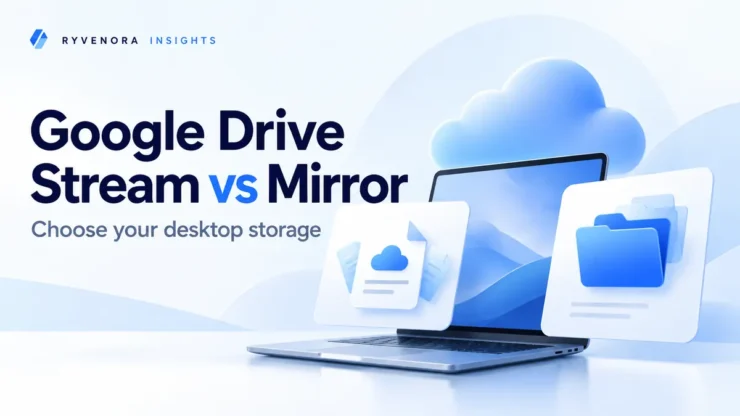 Ryvenora Insights cover reading Google Drive Stream vs Mirror, with conceptual laptop, cloud, documents and local folders on a pale blue background.