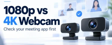 Ryvenora Insights cover reading 1080p vs 4K Webcam, with two generic illustrated webcams and abstract video cards on a light background.