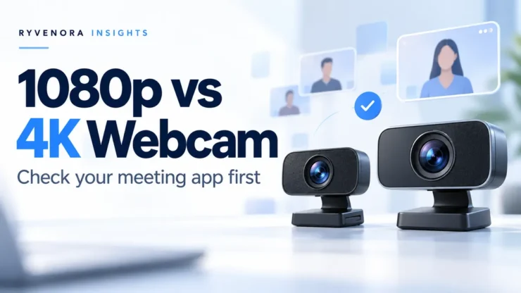 Ryvenora Insights cover reading 1080p vs 4K Webcam, with two generic illustrated webcams and abstract video cards on a light background.