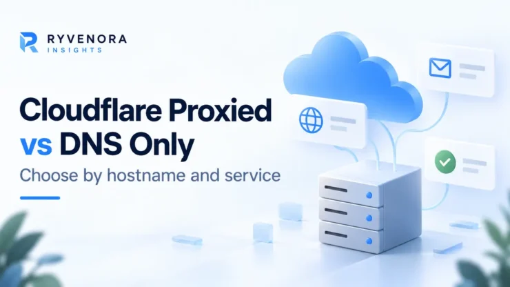 Ryvenora Insights cover reading Cloudflare Proxied vs DNS Only, with conceptual cloud, server and web, mail and verification cards on a pale background.