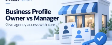 Ryvenora Insights cover reading Business Profile Owner vs Manager, with a conceptual storefront, person cards and blue key on a pale background.