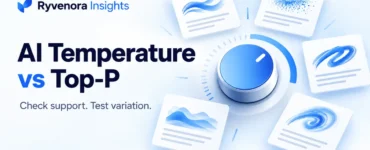 Ryvenora Insights cover reading AI Temperature vs Top-P, with a conceptual blue adjustment dial and abstract text cards on a pale background.