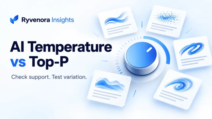 Ryvenora Insights cover reading AI Temperature vs Top-P, with a conceptual blue adjustment dial and abstract text cards on a pale background.