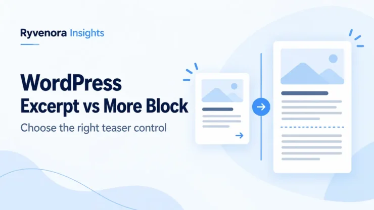 Ryvenora Insights cover reading WordPress Excerpt vs More Block, with conceptual summary and article cards on a pale blue background.