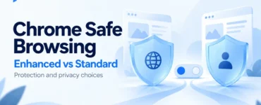 Ryvenora Insights cover reading Chrome Safe Browsing, Enhanced vs Standard, with conceptual blue shields and browser cards on a pale background.
