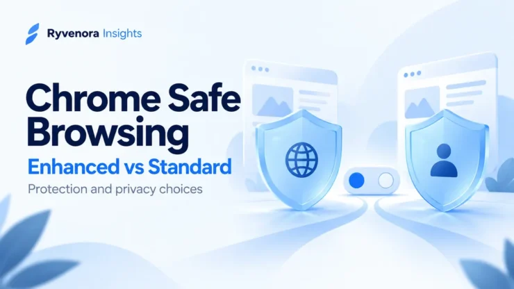 Ryvenora Insights cover reading Chrome Safe Browsing, Enhanced vs Standard, with conceptual blue shields and browser cards on a pale background.