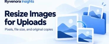 Ryvenora Insights cover reading Resize Images for Uploads, with conceptual large and small photo cards and an original photo in a blue folder on a pale background.