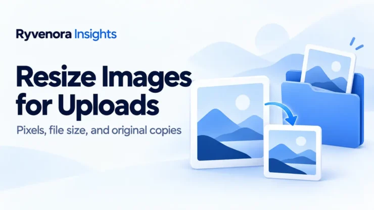 Ryvenora Insights cover reading Resize Images for Uploads, with conceptual large and small photo cards and an original photo in a blue folder on a pale background.