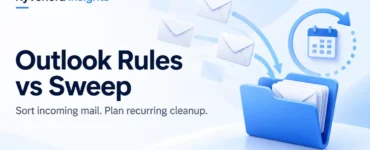 Ryvenora Insights cover reading Outlook Rules vs Sweep, with conceptual envelopes entering a blue folder and a calendar with a circular arrow on a pale background.