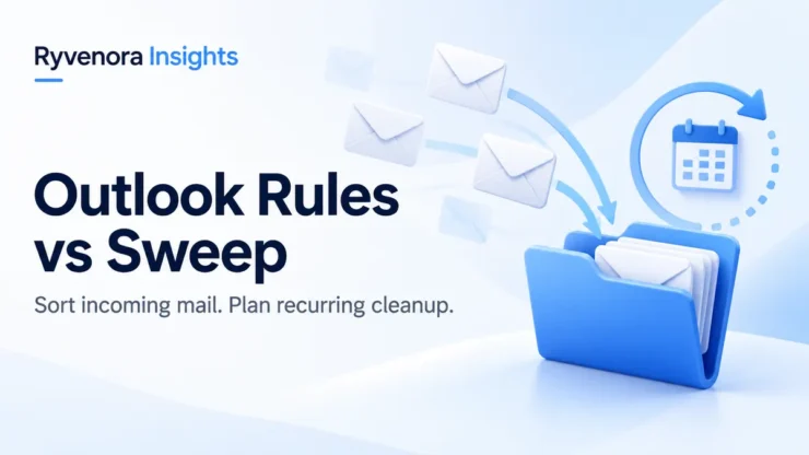 Ryvenora Insights cover reading Outlook Rules vs Sweep, with conceptual envelopes entering a blue folder and a calendar with a circular arrow on a pale background.