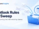 Ryvenora Insights cover reading Outlook Rules vs Sweep, with conceptual envelopes entering a blue folder and a calendar with a circular arrow on a pale background.