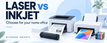 Conceptual laser and inkjet printers with monochrome and colour pages on a pale blue background, titled Laser vs Inkjet, with Ryvenora Insights branding.