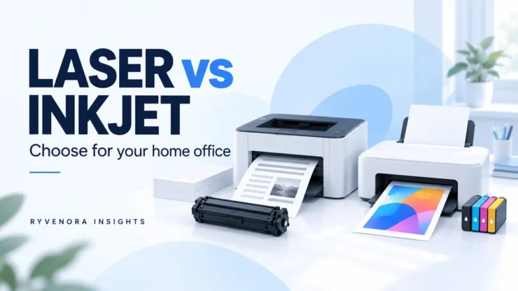 Conceptual laser and inkjet printers with monochrome and colour pages on a pale blue background, titled Laser vs Inkjet, with Ryvenora Insights branding.
