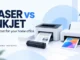 Conceptual laser and inkjet printers with monochrome and colour pages on a pale blue background, titled Laser vs Inkjet, with Ryvenora Insights branding.