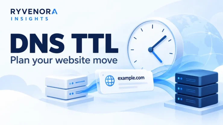 Conceptual clock, domain card and server stacks on a pale blue background, with DNS TTL text and Ryvenora Insights branding.
