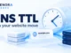 Conceptual clock, domain card and server stacks on a pale blue background, with DNS TTL text and Ryvenora Insights branding.