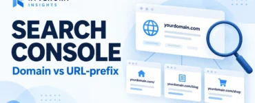 Conceptual domain and website-section cards with a magnifying glass on a pale blue background, titled Search Console Domain vs URL-prefix with Ryvenora Insights branding.