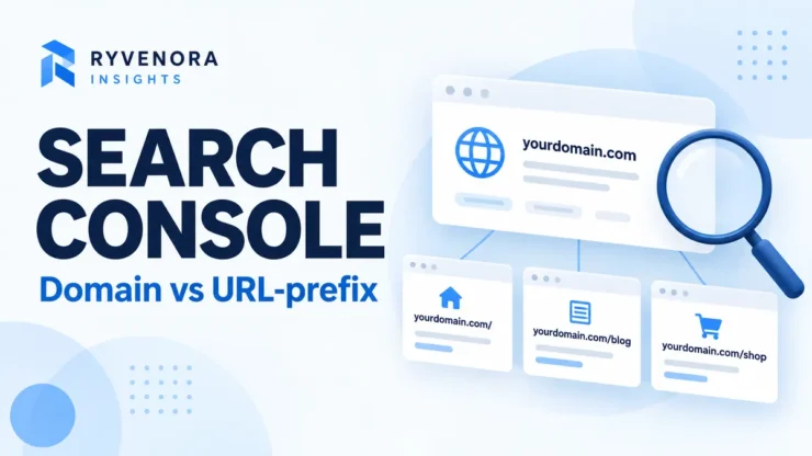 Conceptual domain and website-section cards with a magnifying glass on a pale blue background, titled Search Console Domain vs URL-prefix with Ryvenora Insights branding.