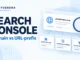 Conceptual domain and website-section cards with a magnifying glass on a pale blue background, titled Search Console Domain vs URL-prefix with Ryvenora Insights branding.