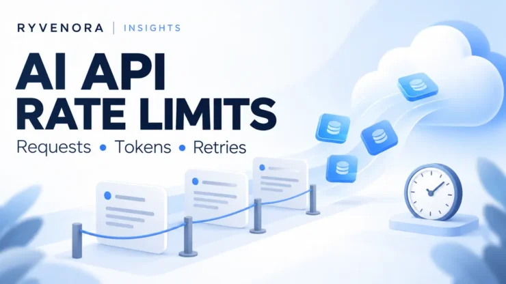 Conceptual request queue, blue token tiles, clock and cloud on a pale background, titled AI API Rate Limits with Ryvenora Insights branding.