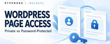 Conceptual page cards with account and lock symbols and a key on a pale blue background, titled WordPress Page Access with Ryvenora Insights branding.