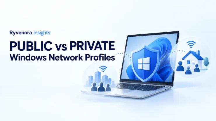 Illustration of a laptop and shield between public and home network groups, with Public vs Private Windows Network Profiles text.