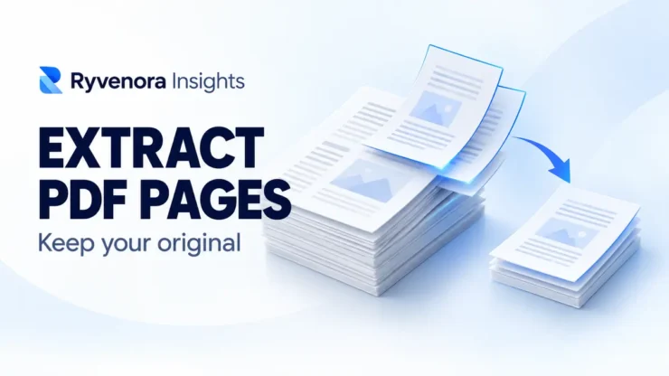 Conceptual document stacks with selected pages forming a separate PDF, alongside Extract PDF Pages and Keep your original text.