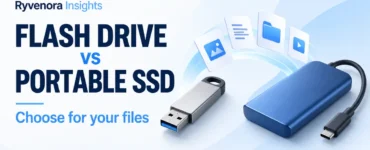 Conceptual USB flash drive and blue portable SSD with file icons, beside Flash Drive vs Portable SSD and Choose for your files text.