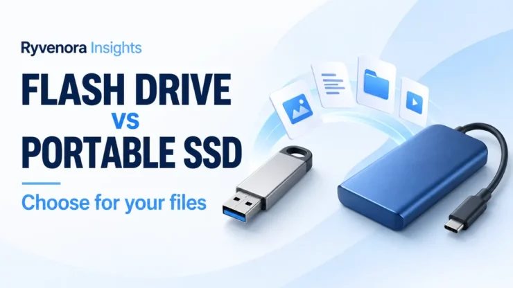 Conceptual USB flash drive and blue portable SSD with file icons, beside Flash Drive vs Portable SSD and Choose for your files text.