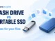 Conceptual USB flash drive and blue portable SSD with file icons, beside Flash Drive vs Portable SSD and Choose for your files text.