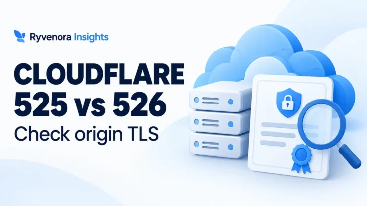 Conceptual cloud, server stack, certificate card, and magnifying glass beside Cloudflare 525 vs 526 and Check origin TLS text.