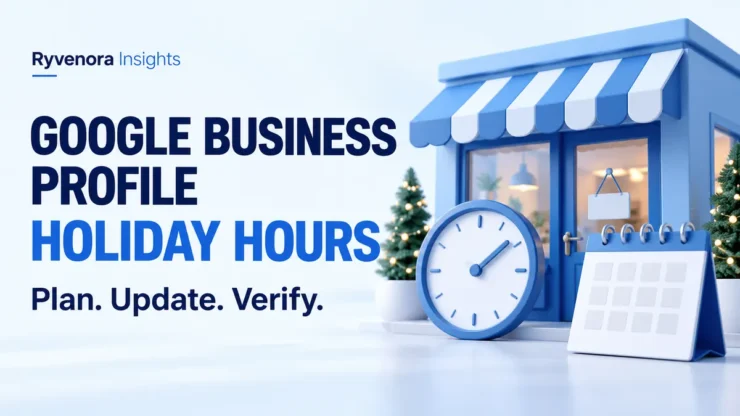 Conceptual blue storefront, clock, and blank calendar beside Google Business Profile Holiday Hours and Plan. Update. Verify. text.