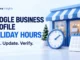 Conceptual blue storefront, clock, and blank calendar beside Google Business Profile Holiday Hours and Plan. Update. Verify. text.