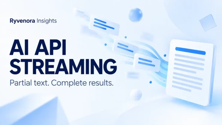 Ryvenora Insights AI API Streaming cover with navy topic text and blue fragments flowing into a document on a pale blue background.