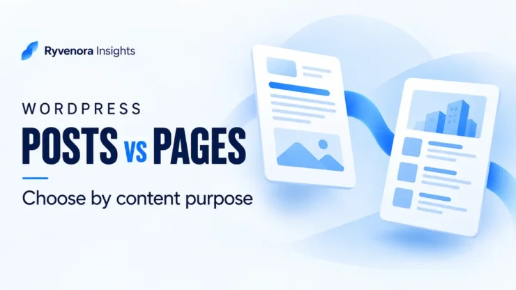 Ryvenora Insights cover reading WordPress Posts vs Pages and Choose by content purpose, with two conceptual blue document cards on a pale background.