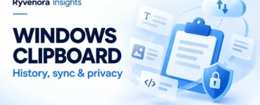 Ryvenora Insights Windows Clipboard cover with History, sync & privacy text, conceptual snippet cards, a clipboard, cloud, and shield on a pale blue background.