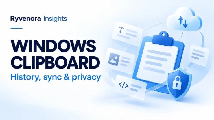 Ryvenora Insights Windows Clipboard cover with History, sync & privacy text, conceptual snippet cards, a clipboard, cloud, and shield on a pale blue background.