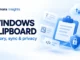 Ryvenora Insights Windows Clipboard cover with History, sync & privacy text, conceptual snippet cards, a clipboard, cloud, and shield on a pale blue background.