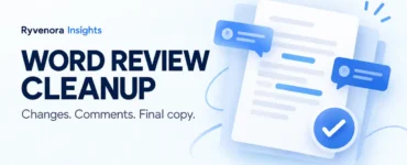 Ryvenora Insights Word Review Cleanup cover with Changes, Comments, Final copy text and conceptual blue document cards, comment bubbles, and a checkmark on a pale background.