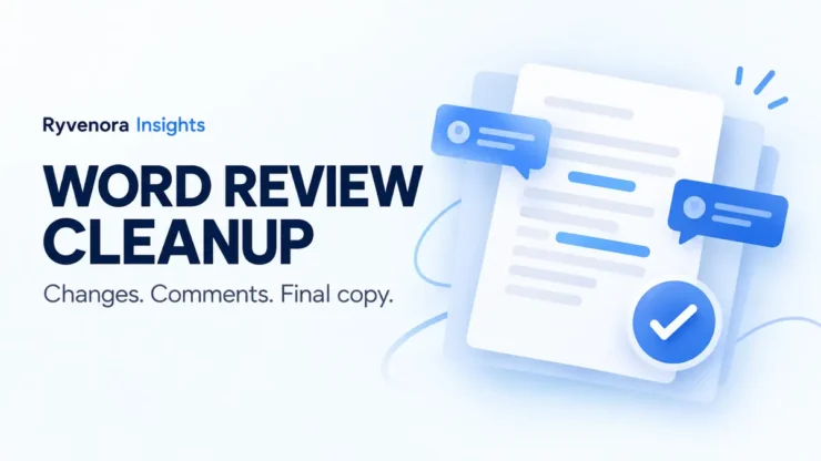 Ryvenora Insights Word Review Cleanup cover with Changes, Comments, Final copy text and conceptual blue document cards, comment bubbles, and a checkmark on a pale background.