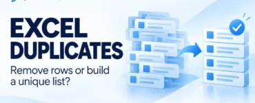 Ryvenora Insights Excel Duplicates cover reading Remove rows or build a unique list, with conceptual blue data cards on a pale background.