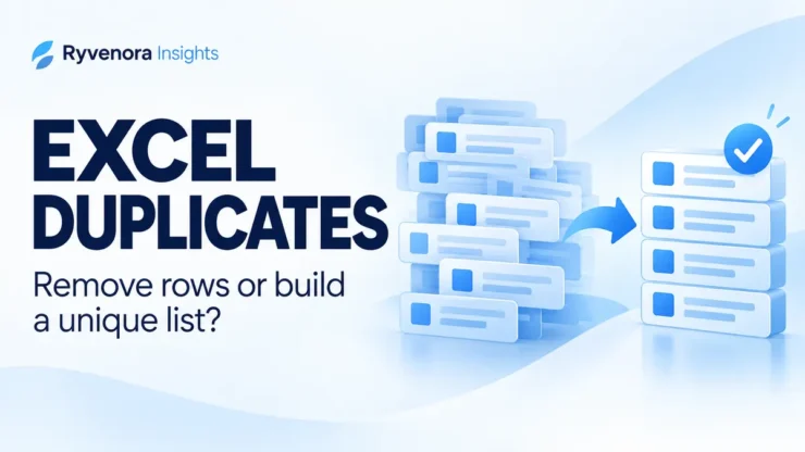 Ryvenora Insights Excel Duplicates cover reading Remove rows or build a unique list, with conceptual blue data cards on a pale background.