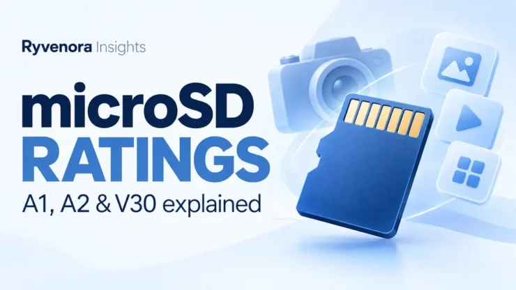 Ryvenora Insights microSD Ratings cover reading A1, A2 & V30 explained, with a conceptual blue memory card, camera, and app tiles on a pale background.