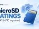 Ryvenora Insights microSD Ratings cover reading A1, A2 & V30 explained, with a conceptual blue memory card, camera, and app tiles on a pale background.